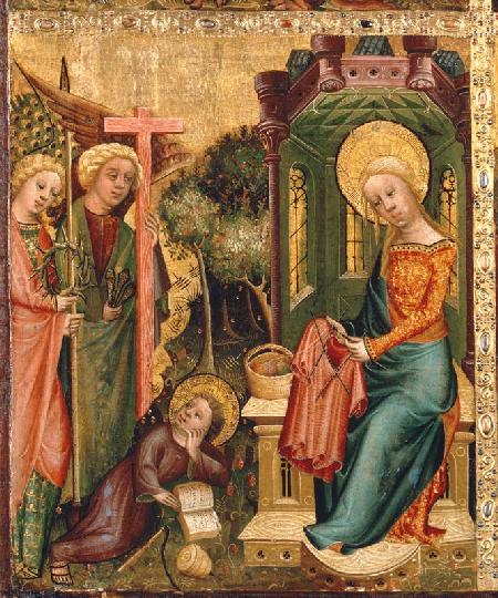 Buxtehuder Marienaltar Besuch der Engel bei Maria, die den Rock Christi strickt 1400/1410