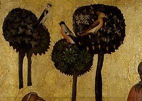 Detail aus der Tafel Christus am Ölberg: Ölbäume und Vögel von Meister d.Altars von Hohenfurth