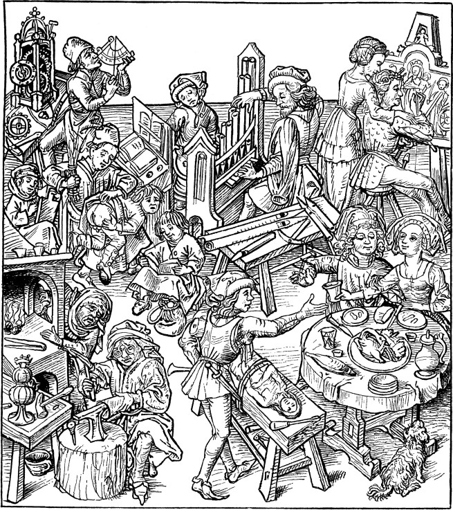 Merkurs Kindern (Planetenkinder des Merkur). Illustration aus dem mittelalterlichen "Hausbuch" von Meister des Hausbuches