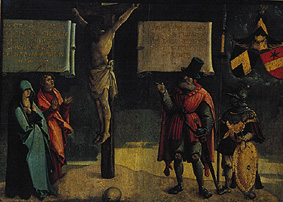 Kreuzigung Christi, mit Johannes und Maria, sowie einem Stifter von Meister von Messkirch