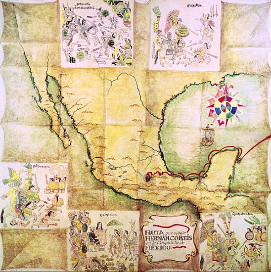Map of the route followed Hernando Cortes (1485-1547) during the conquest of Mexico von Mexican School