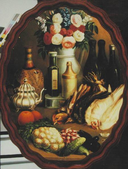 Oval Still Life with Hen, Vegetables and Vase von Mexican School