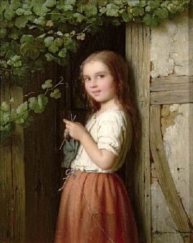 Young Girl Standing in a Doorway Knitting