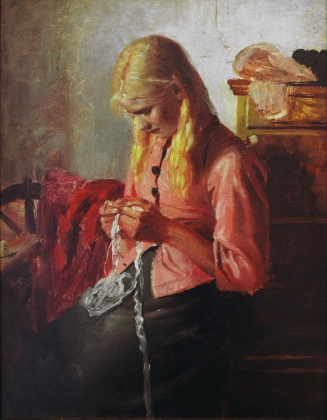 Häkelndes junges Mädchen von Michael Peter Ancher