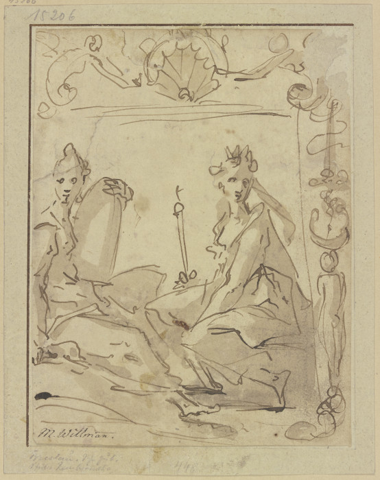 Zwei weibliche Figuren unter einer Muscheldekoration von Michael Willmann