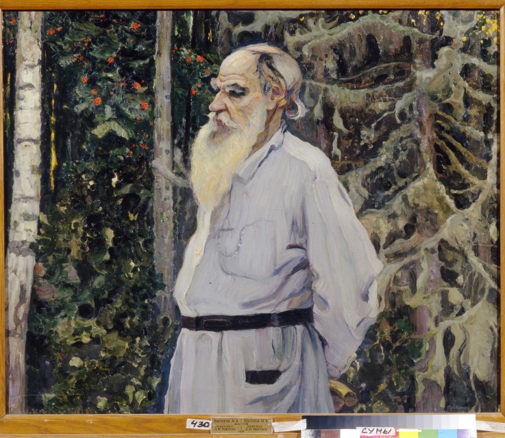 Porträt des Schriftstellers Leo N. Tolstoi (1828-1910) von Michail Wassiljew. Nesterow