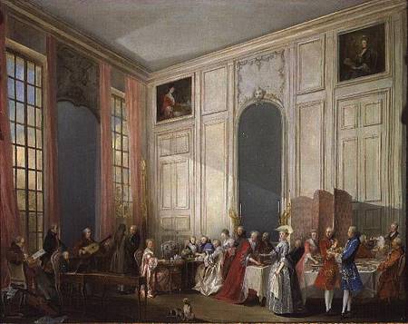 The English Tea (le The a l'Anglaise) and a Society Concert at the house of the Princesse de Conti, von Michel Barthelemy Ollivier or Olivier