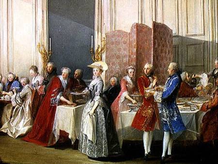 English Tea in the Salon des Quatre Glaces at the House of the Prince de Conti (1717-76) Palais du T von Michel Barthelemy Ollivier or Olivier
