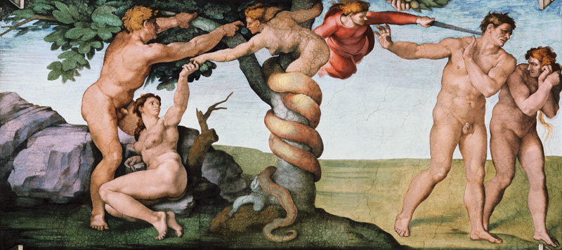 Die Versuchung durch die Schlange und die Vertreibung aus dem Paradies (Ausschnitt Sixtinische Kapel von Michelangelo (Buonarroti)