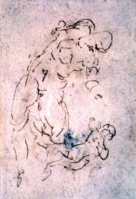 Inv. 1859 6-25-553. R. (W.56) Sketch of reclining male and child (red chalk) von Michelangelo (Buonarroti)