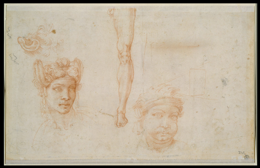 Ohr und zwei Augen, Frauenkopf mit hochgesteckten Zöpfen, Beinstudie, Kopf mit Binde, Schema der Seh von Michelangelo (Buonarroti)