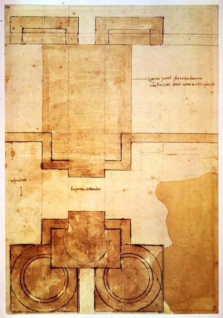 Plan of the drum of the cupola of the Church of St. Peter's Basilica (pen & ink on paper) von Michelangelo (Buonarroti)