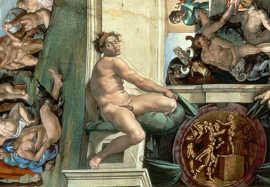 Sistine Chapel Ceiling (1508-12) detail of one of the ignudi (detail of 167695) von Michelangelo (Buonarroti)