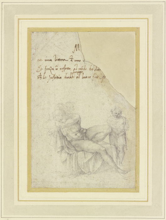 Sitzender männlicher Akt, schlafend, mit einem stehenden Kind oder Putto von Michelangelo (Buonarroti)