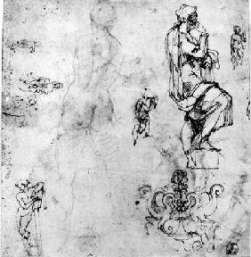 Sketches of male nudes, a madonna and child and a decorative emblem  & ink and a madonna