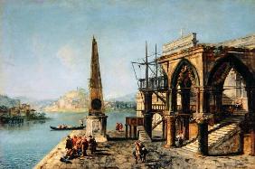 Capriccio with a Gothic Building and an Obelisk (oil on canvas) 1858