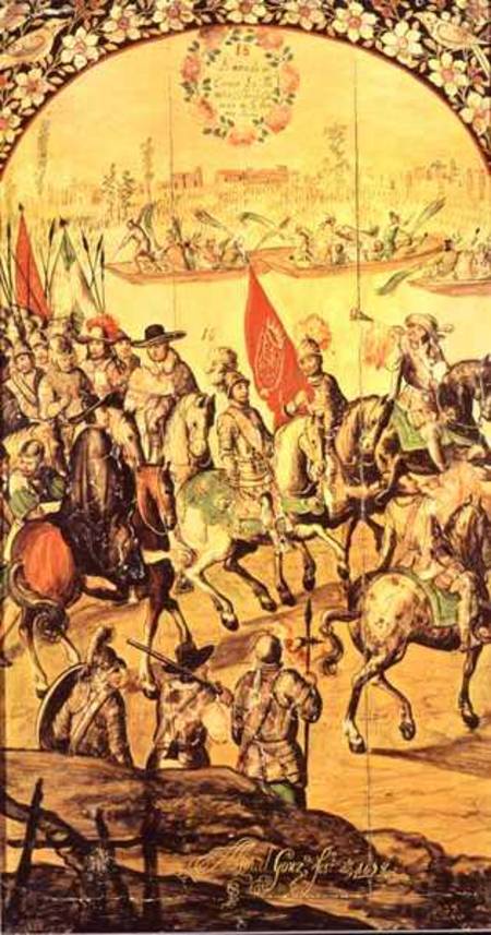 The encounter between Hernando Cortes (1485-1547) and Montezuma (1466-1520) von Miguel and Juan Gonzalez