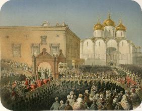 Prozession der Zarin Alexandra Fjodorowna in die Mariä-Entschlafens-Kathedrale 1856