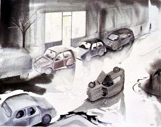 Dead Car Outside the Launderette, 1998 (w/c on paper)  von Miles  Thistlethwaite