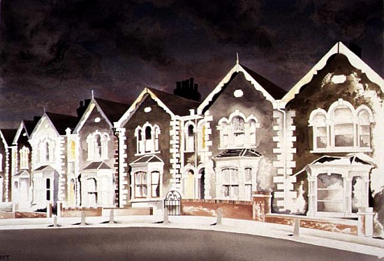 Lurid Sky Behind the Bargeboard Houses, 1998 (w/c on paper)  von Miles  Thistlethwaite
