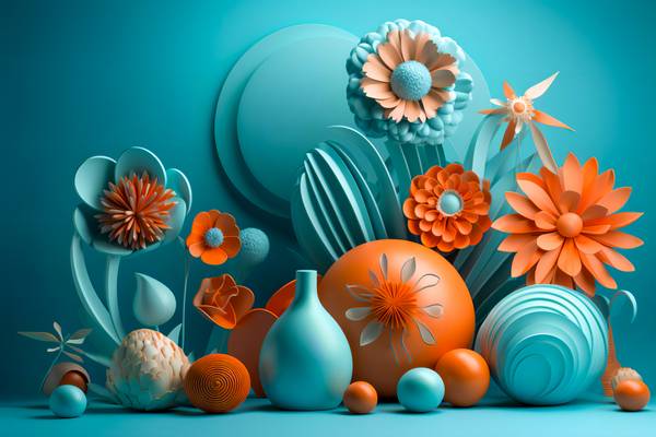 3D abstrakte Blumen in Blau und orange, Blumenornament, floral, Natur von Miro May