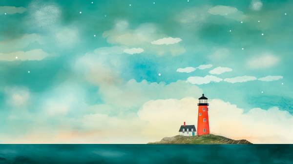 Aquarelle mit rotem Leuchtturm, Ozean und Wolkenlandschaften, minimalistisch. Digital AI Art. von Miro May