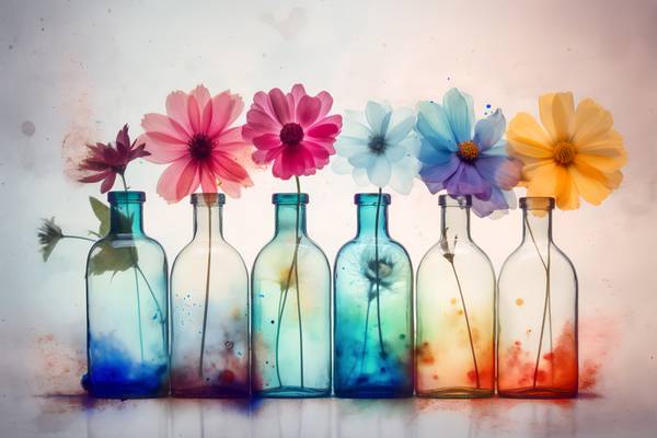 Bunte Blumen in bunten Flaschen, Gemälde, modern, Stillleben, digital von Miro May