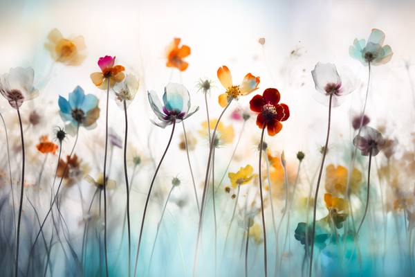 Bunte Blumenwiese, Bunte Blumen, verträumt, minimalistisch von Miro May