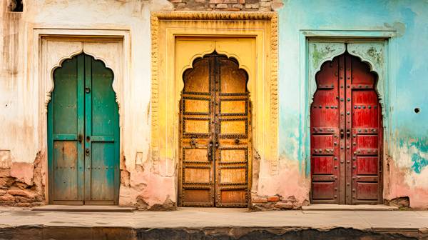 Bunte Türen in Indien. Alte Architektur in der Altstadt von Indien von Miro May