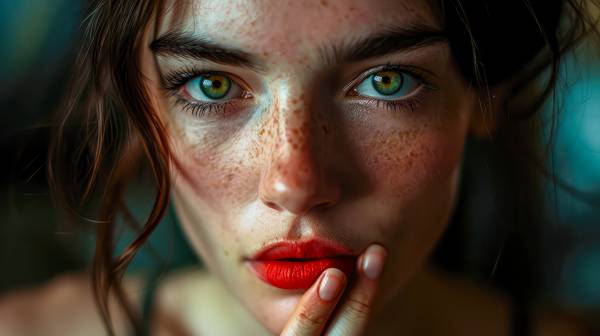 Close up Porträt einer wunderschönen Frau mit grünen Augen und Sommersprossen von Miro May