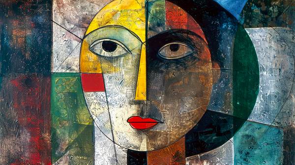 Das Gemälde präsentiert ein abstraktes Porträt einer Frau, das den Stil des Kubismus mit großen Auge von Miro May