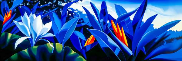 Ein leuchtend blauer Dschungel mit exotischen Pflanzen und tropischer Blume in weiß . Der Hintergrun von Miro May