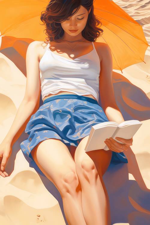 Eine Frau liegt am Sonnigen Tag am Strand im Sand und liest ein Buch.  von Miro May