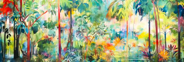 Eine tropische Kulisse entfaltet sich, geprägt von lebendigen Palmen und Bäumen, in einem digitalen  von Miro May