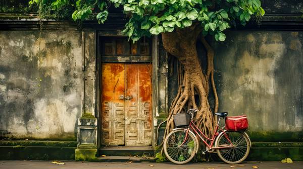 Fahrrad vor einem Tempel in Bali. Alte Tür in Asien von Miro May
