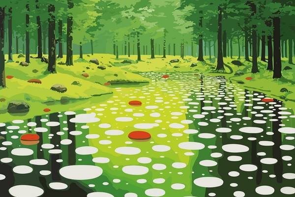 Fluss im Wald. Abstrakte Kreise und Formen, Wasserspiegeln. Traumhafter Wald von Miro May