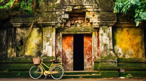 Gelbes Fahrrad vor einem Tempel auf Bali. Architektur und Farben in Asien. von Miro May