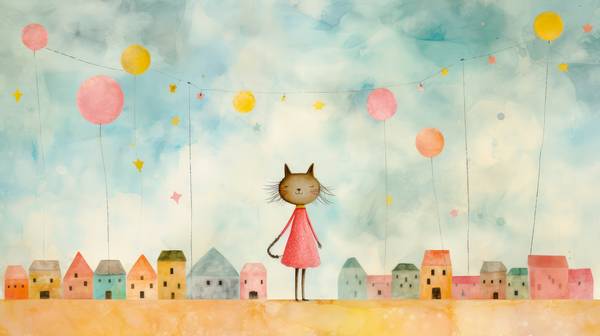 Katze und Luftballons. Aquarelle mit bunten Häusern und Wolkenlandschaften, minimalistisch. Digital  von Miro May