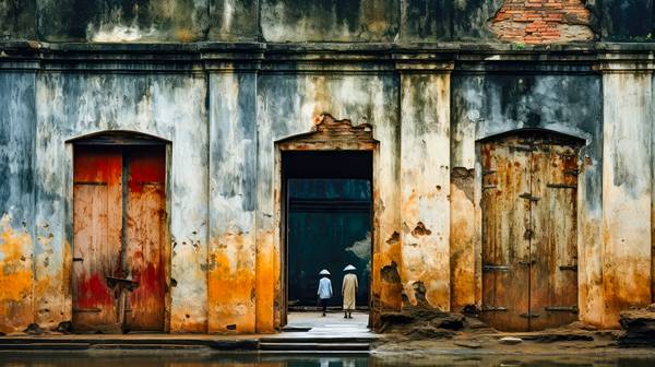 Menschen in der Altstadt von Hanoi. Alte Wände in Vietnam. von Miro May