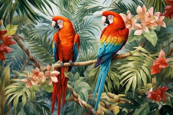 Papageien im Wald, Tropischer Regenwald, Vögel in Natur, Jungle mit Pflanzen und Vögeln von Miro May