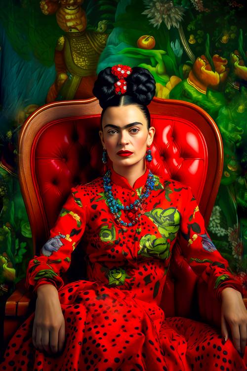  Porträt von Frida Kahlo in einem roten Kleid mit grünen Akzenten. von Miro May