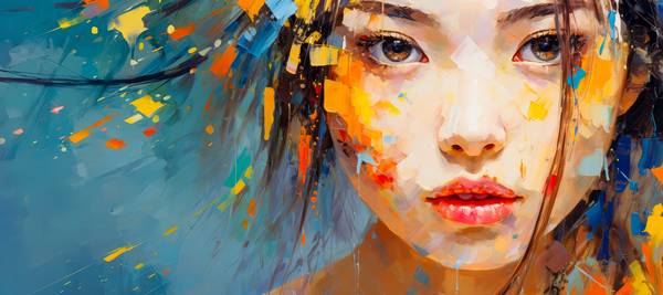 Portrait einer wunderschönen Frau mit Farbklecksen im Gesicht. von Miro May
