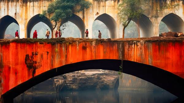 Rote Brücke in Indien. Menschen auf einer alten Brücke. Fluss in Indien von Miro May