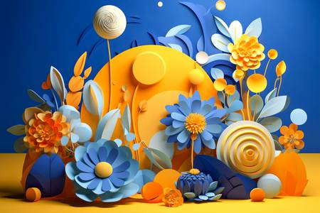 3D abstrakte Blumen in Blau und gelb, Blumenornament, floral, Natur 2023