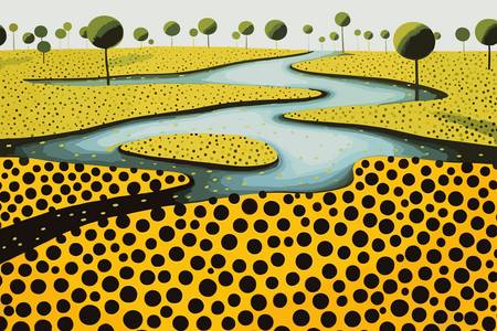 Abstrakte Landschaft mit Fluss, Bäumen und wiesen. Abstrakte Kreise auf gelber Wiese. Traumhafte, ve 2023