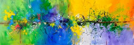 Abstrakte Malerei mit leuchtenden Farben, Grün, Blau, Gelb, Lila, Linien und Spritzern, die eine ene 2024