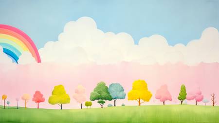 Aquarelle Landschaft mit Regenbogen und Wolkenlandschaften, minimalistisch. Digital AI Art. 2023