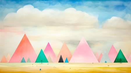 Aquarelle mit bunten Pyramiden und Wolkenlandschaften, minimalistisch. Digital AI Art. 2023