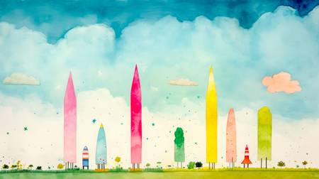 Aquarelle mit bunten Raketen und Wolkenlandschaften, minimalistisch. Digital AI Art. 2023