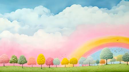 Aquarelle mit Regenbogen, Bäumen und Wolkenlandschaften, minimalistisch. Digital AI Art. 2023